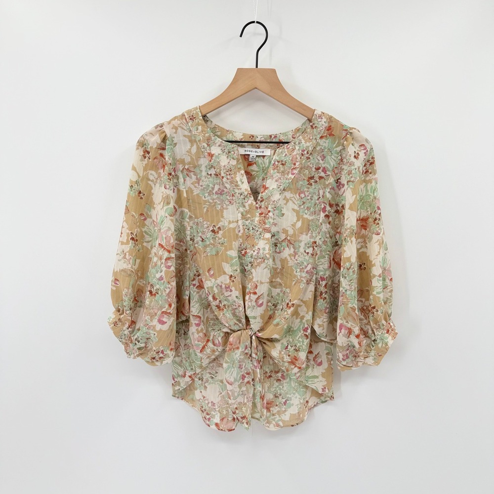 Boho‎ Cottagecore Floral Tie Front Puff Sleeve Top XS Garden Party Romantic
